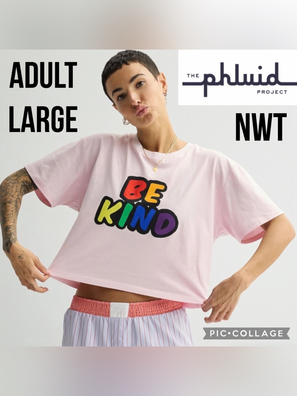 NWT The PHLUID Project Adult T-Shirt Pink BE KIND Short Sleeve Top Oversized L